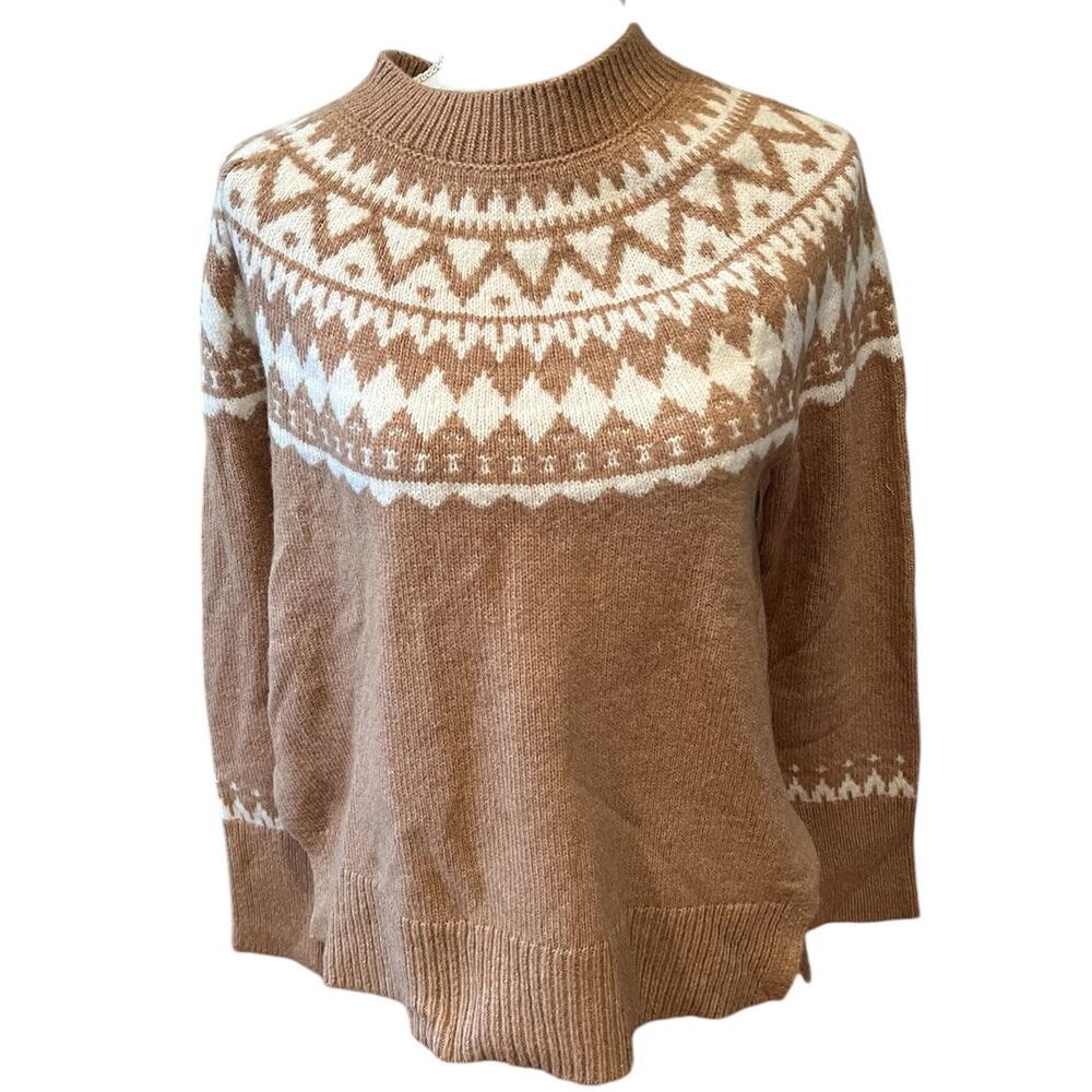 Talbots Soft Fair Isle Mock Neck Sweater Tan White S